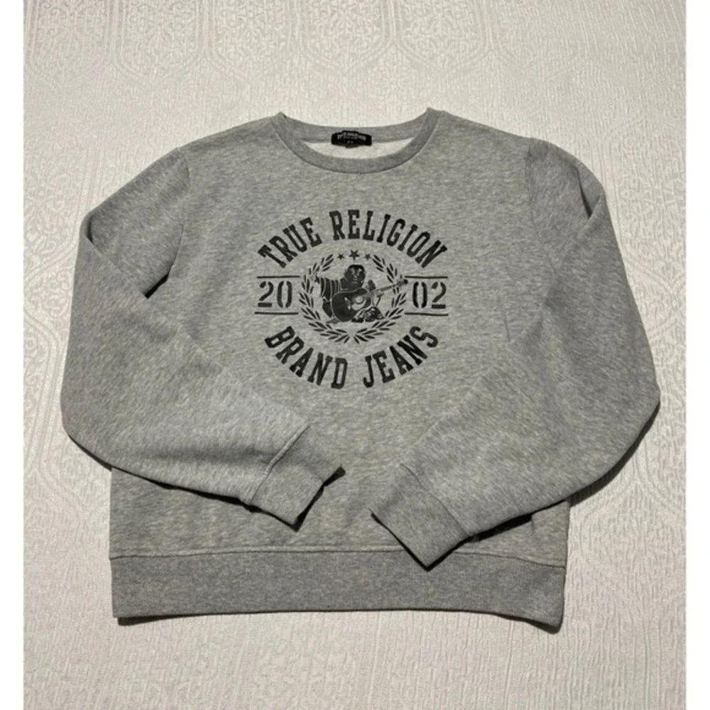 True‎ Religion Crewneck Sweatshirt Gray Logo Graphic Cotton Polyester Blend M